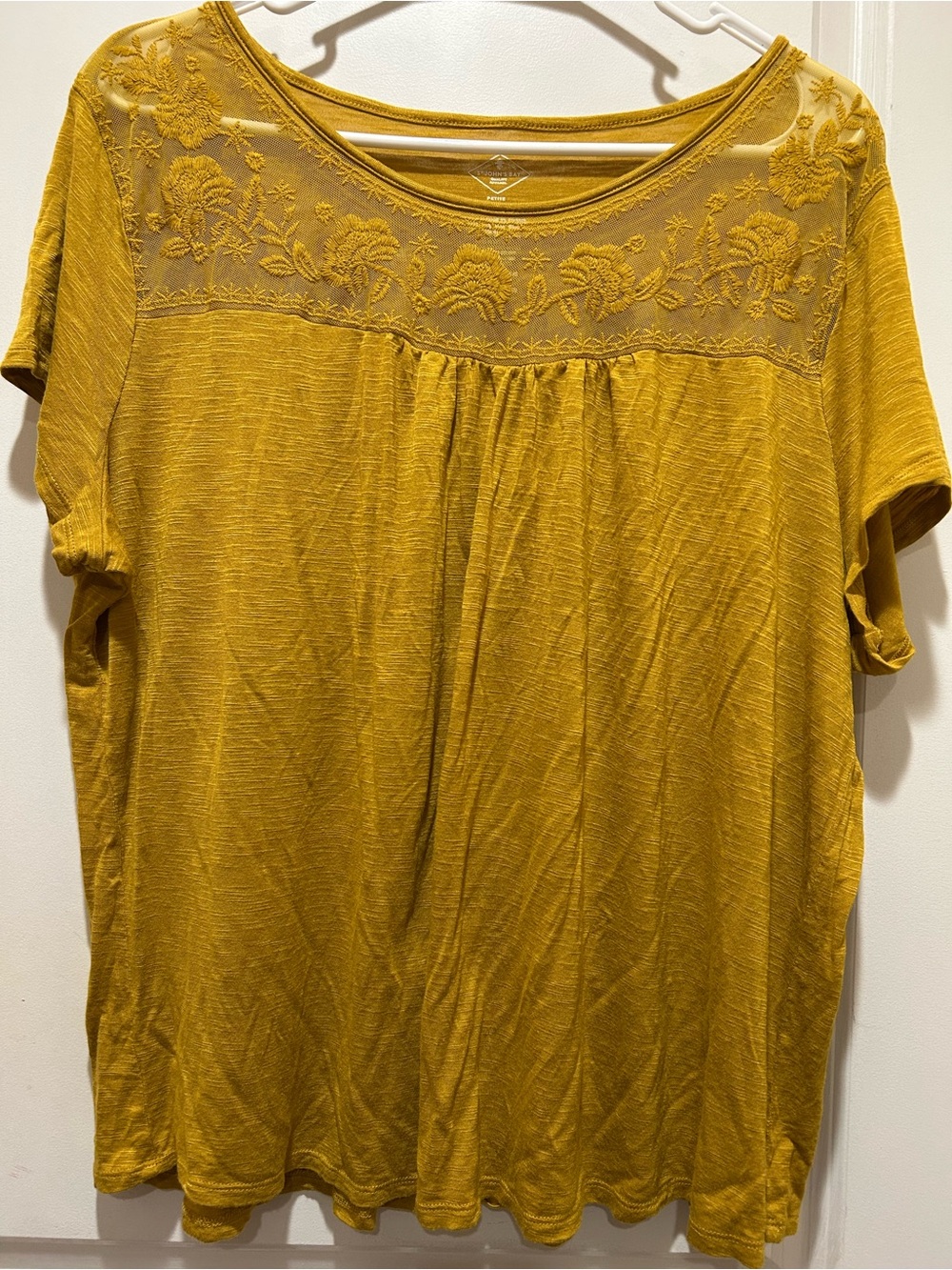 St. John's Bay Mustard Yellow Embroidered Yoke Short Sleeve Top